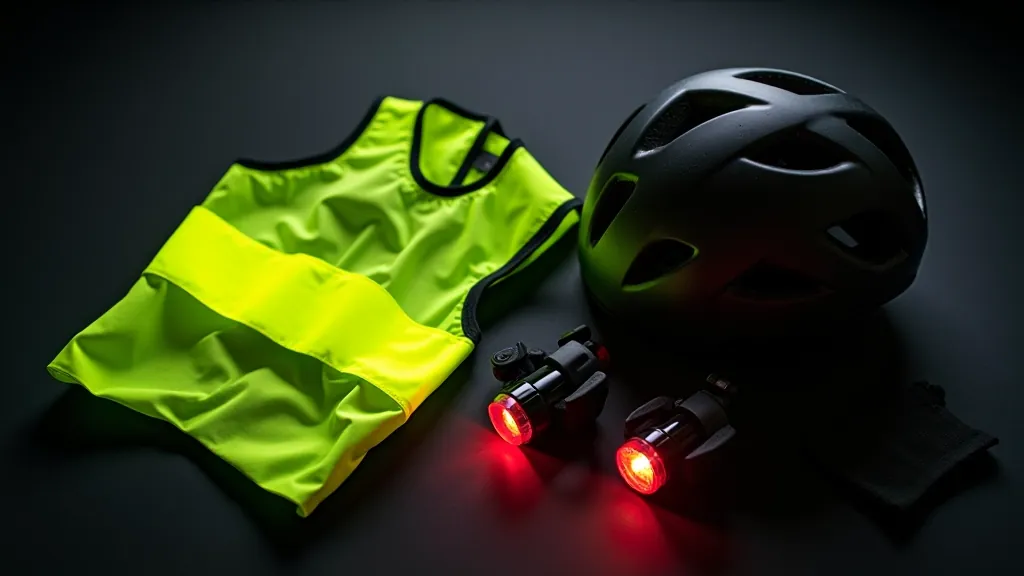 Bezpečnostní vybavení cyklisty rozložené na stole, reflexní vesta, helma, světla