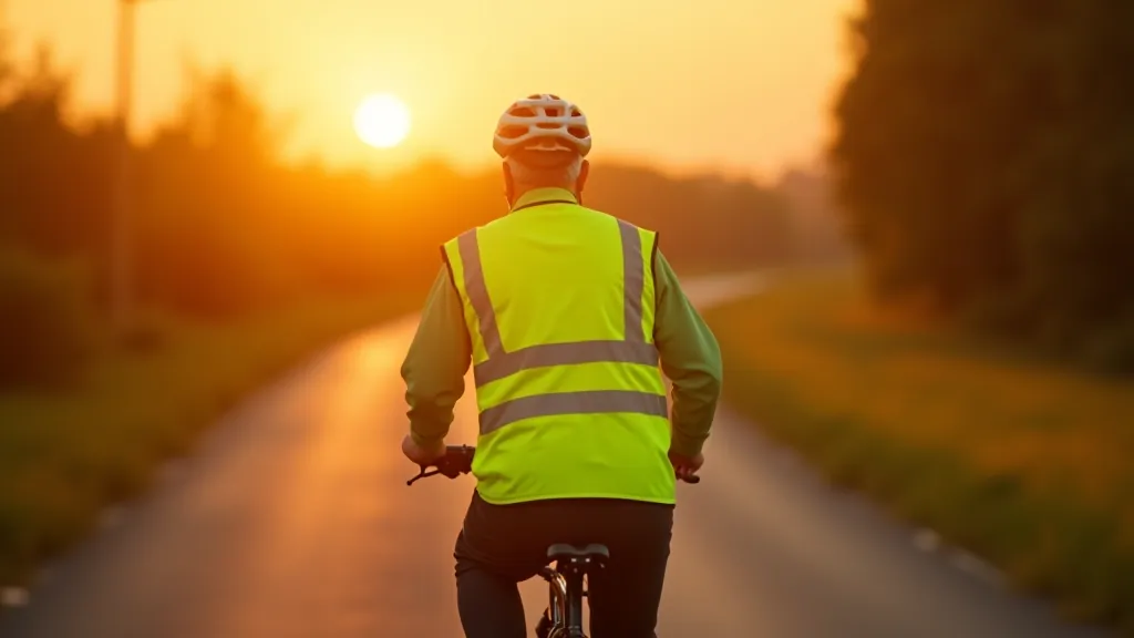 Cyklista v reflexní vestě na cyklostezce při západu slunce, dobré viditelnosti
