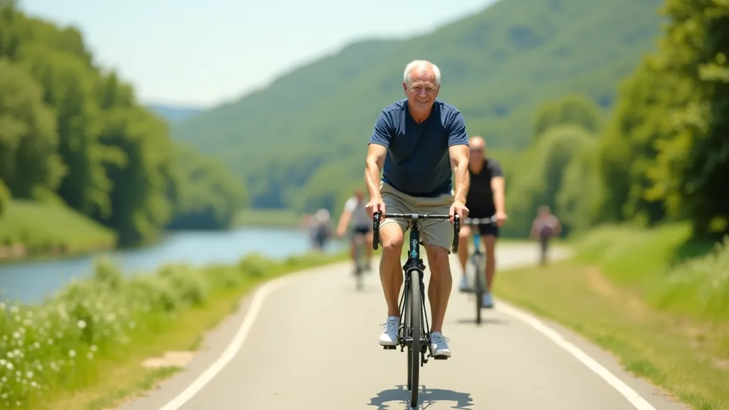 Skupina starších cyklistů na rovné cyklostezce podél řeky