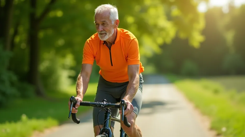 Starší cyklista jedoucí po rovinaté cyklostezce podél řeky Vltavy, slunečný den v jižních Čechách