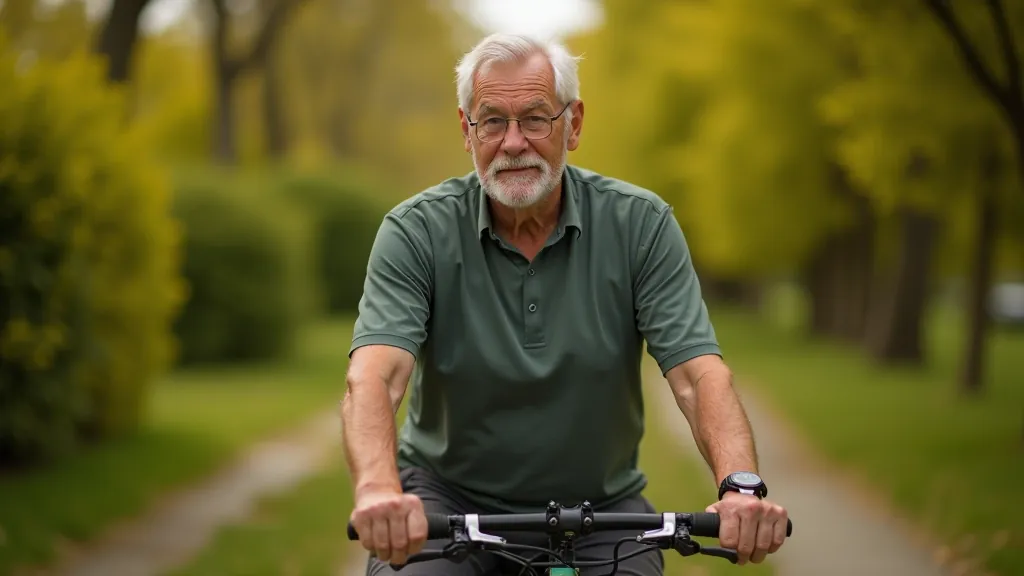 Senior muž sedí na kole v cyklistickém oblečení, přední pohled, měří se vzdálenost od sedla k pedálům
