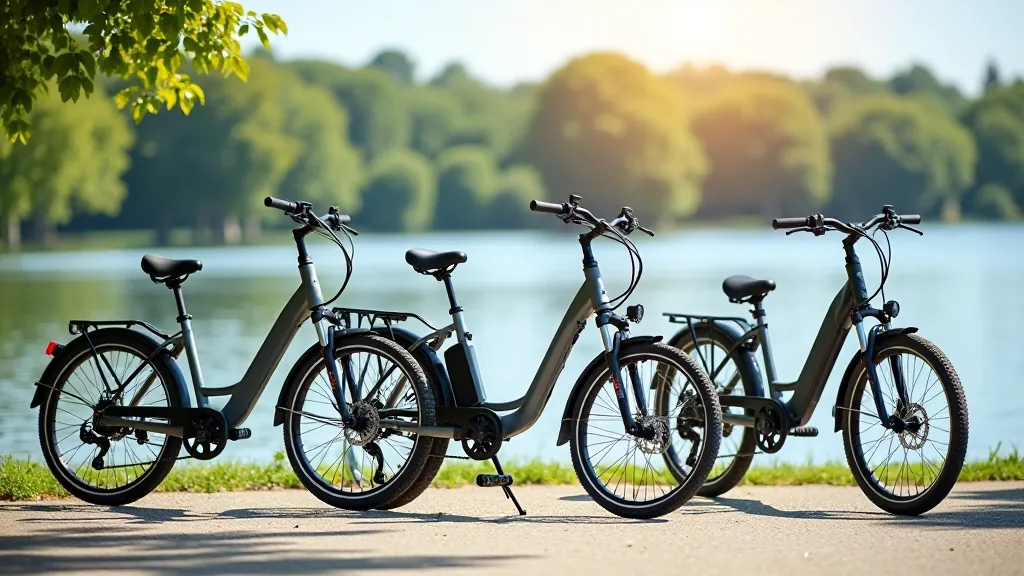 Tři různá kola parkující vedle sebe, včetně elektrokola a klasického kola